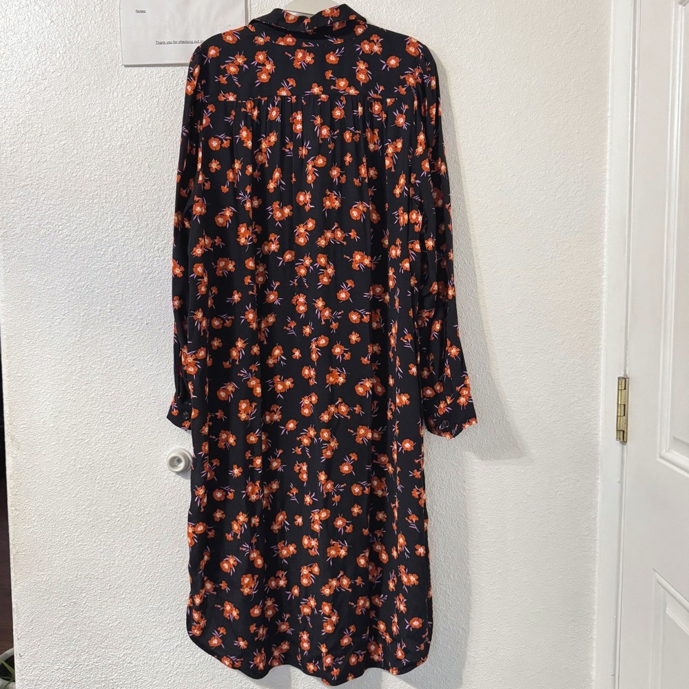 Ann Taylor Dress XL Petite Floral Black Orange‎ Midi Button Down Long Sleeve - Picture 3 of 5